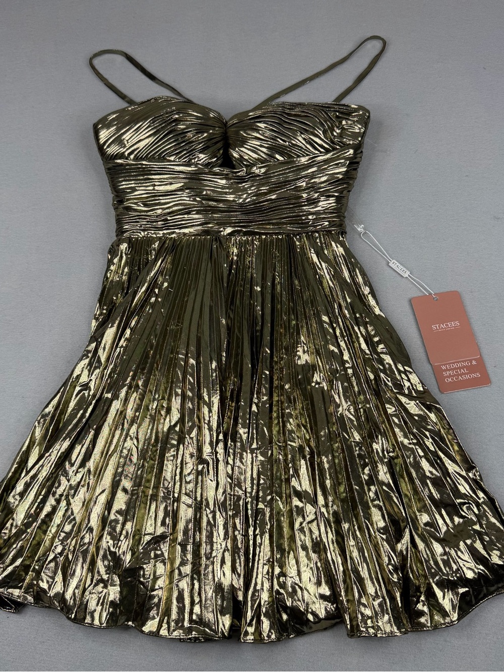 Stacees S8038H Gold Metallic Pleated Mini Dress Womens 2 XS NWT Cocktail